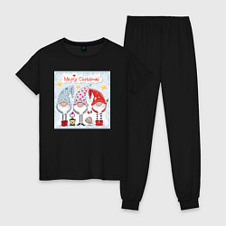 Пижама хлопковая женская Гномы Счастливого рождества, цвет: черный