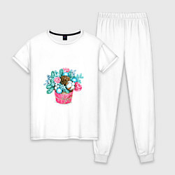 Пижама хлопковая женская Зимний букет Акварель, цвет: белый