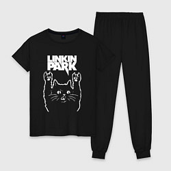 Пижама хлопковая женская Linkin Park, Линкин Парк, Рок кот, цвет: черный
