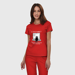 Пижама хлопковая женская Кот программист белый шрифт, цвет: красный — фото 2