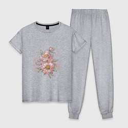 Пижама хлопковая женская Нежные розовые цветы, цвет: меланж