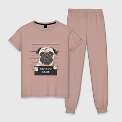 Пижама хлопковая женская Мопс bad dog, цвет: пыльно-розовый
