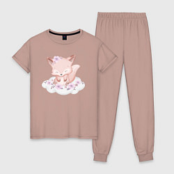 Пижама хлопковая женская Милый Лисёнок Сидит На Облаке, цвет: пыльно-розовый