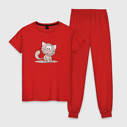 Пижама хлопковая женская Кот коричневый добрый, цвет: красный