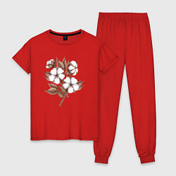 Пижама хлопковая женская Цветы хлопка в букете, цвет: красный