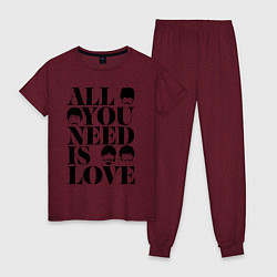 Пижама хлопковая женская ALL YOU NEED IS LOVE THE BEATLES, цвет: меланж-бордовый