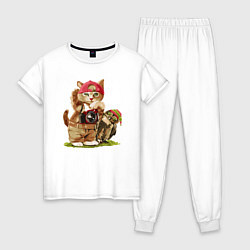 Пижама хлопковая женская Котёнок фотограф с прикольным совёнком, цвет: белый