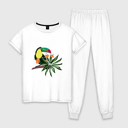 Пижама хлопковая женская Птица тукан с цветами и листьями, цвет: белый