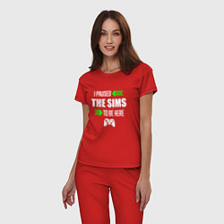Пижама хлопковая женская I Paused The Sims To Be Here с зелеными стрелками, цвет: красный — фото 2