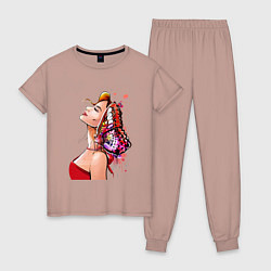 Пижама хлопковая женская Девушка в красном и бабочка, цвет: пыльно-розовый