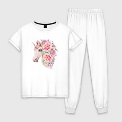 Пижама хлопковая женская Белый единорог в цветах, цвет: белый
