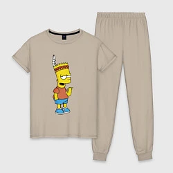 Пижама хлопковая женская Барт Симпсон - индеец, цвет: миндальный