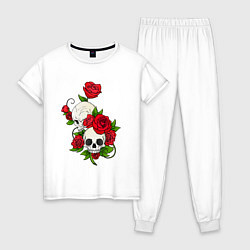 Пижама хлопковая женская Розы окутывают два черепа, цвет: белый