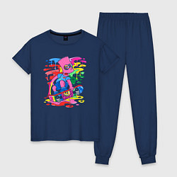 Пижама хлопковая женская Барт Симпсон - крутой скейтер - разноцветные клякс, цвет: тёмно-синий