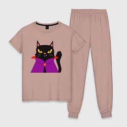 Пижама хлопковая женская Чёрный котик-волшебник, цвет: пыльно-розовый