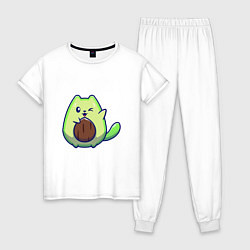 Пижама хлопковая женская Avocado green cat, цвет: белый