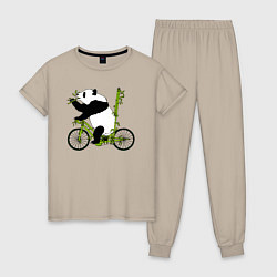 Пижама хлопковая женская Панда на велосипеде с бамбуком, цвет: миндальный