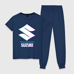 Пижама хлопковая женская Значок Suzuki в стиле glitch, цвет: тёмно-синий
