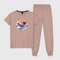 Пижама хлопковая женская Ретро дизайн большие волны и пальмы, цвет: пыльно-розовый