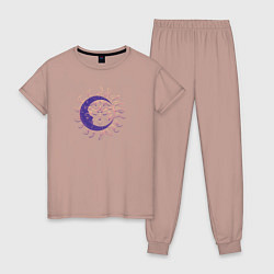 Пижама хлопковая женская Спящие солнце и месяц, цвет: пыльно-розовый