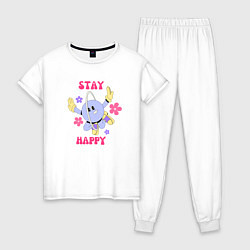 Пижама хлопковая женская Stay happy, планета с ромашками, цвет: белый