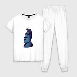 Пижама хлопковая женская Моаи с котом - Oof Stones, цвет: белый