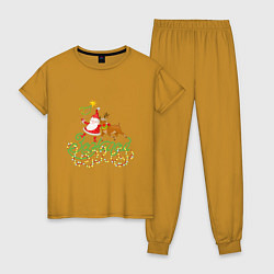 Пижама хлопковая женская Санта и Рудольф дед Мороз С Новым годом!, цвет: горчичный