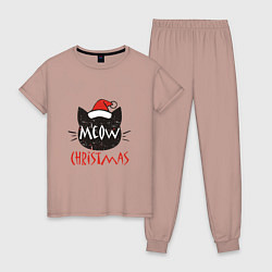 Пижама хлопковая женская Meow - Christmas, цвет: пыльно-розовый