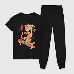 Пижама хлопковая женская Кот самурай скейтбордист, цвет: черный