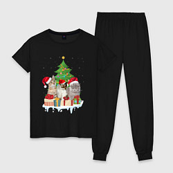 Пижама хлопковая женская Коты и елка с подарками, цвет: черный