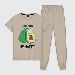 Пижама хлопковая женская Dont worry be happy - avocado, цвет: миндальный