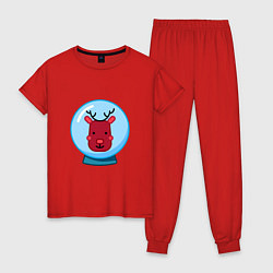 Пижама хлопковая женская Снежный шар с портретом оленя, цвет: красный