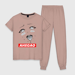 Пижама хлопковая женская Лицо ахегао с логотипом, цвет: пыльно-розовый