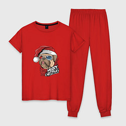 Пижама хлопковая женская Pug merry christmas, цвет: красный