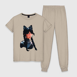 Пижама хлопковая женская Чёрная кошка Уэнсдэй, цвет: миндальный