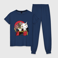 Пижама хлопковая женская Кот самурая, цвет: тёмно-синий