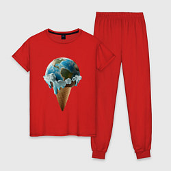 Пижама хлопковая женская Земля в виде таящего шарика мороженого на рожке, цвет: красный