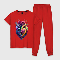 Пижама хлопковая женская Сердце, череп и розы, цвет: красный