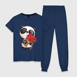 Пижама хлопковая женская Панда с букетом цветов, цвет: тёмно-синий