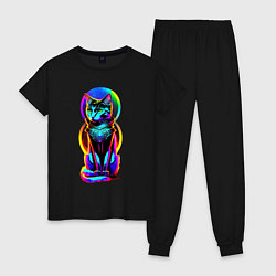 Пижама хлопковая женская Кот в стиле киберпанк, цвет: черный