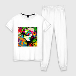 Пижама хлопковая женская Женское лицо в солнцезащитных очках, граффити поп, цвет: белый