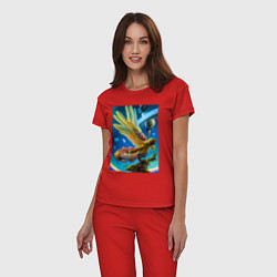 Пижама хлопковая женская Космическая птица нейросеть - фантазия, цвет: красный — фото 2