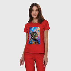 Пижама хлопковая женская Кот в космосе - нейросеть, цвет: красный — фото 2