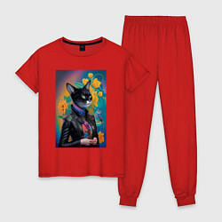 Пижама хлопковая женская Чёрная модница в кожаной куртке - нейросеть, цвет: красный