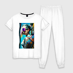 Пижама хлопковая женская Brave girl - cyberpunk - neural network, цвет: белый