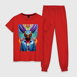 Пижама хлопковая женская Пришелец в кожаной куртке - нейросеть, цвет: красный