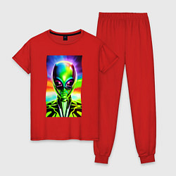 Пижама хлопковая женская Alien - neural network - neon glow - pop art, цвет: красный