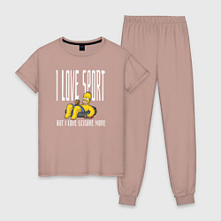 Пижама хлопковая женская Я люблю спорт, но отдыхать люблю больше, цвет: пыльно-розовый
