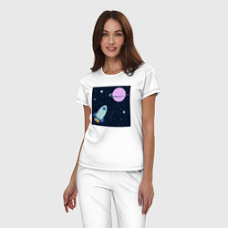 Пижама хлопковая женская Космос, ракета летит к планете, цвет: белый — фото 2