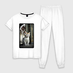 Пижама хлопковая женская Грозный котик, цвет: белый